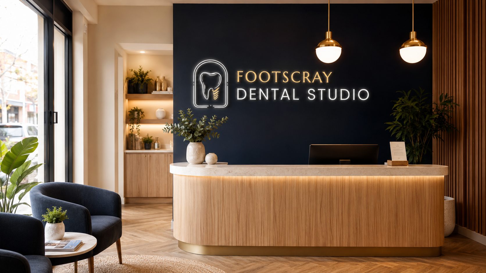 The warm reception at Footscray Dental Studio with the practice's illuminated logo